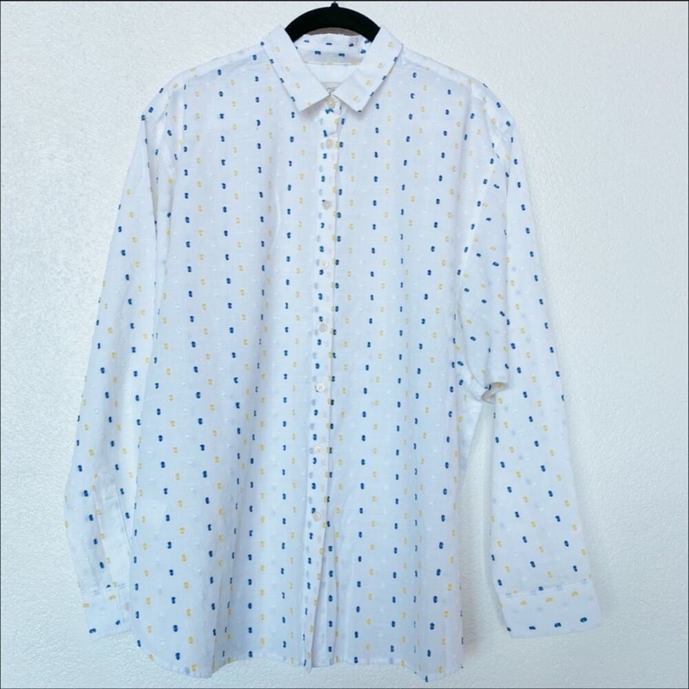 LOFT White Button Down Color Dot Top Size Medium
